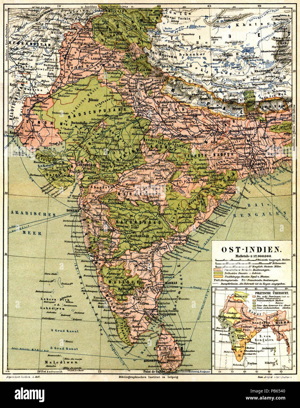 . Deutsch: Karte "Ost-Indien" (1 : 12.000.000) zum gleichnamigen Artikel; Nebenkarte "Politische Übersicht" . dal 1885 fino al 1890 1026 Meyers b12 s0532a Foto Stock