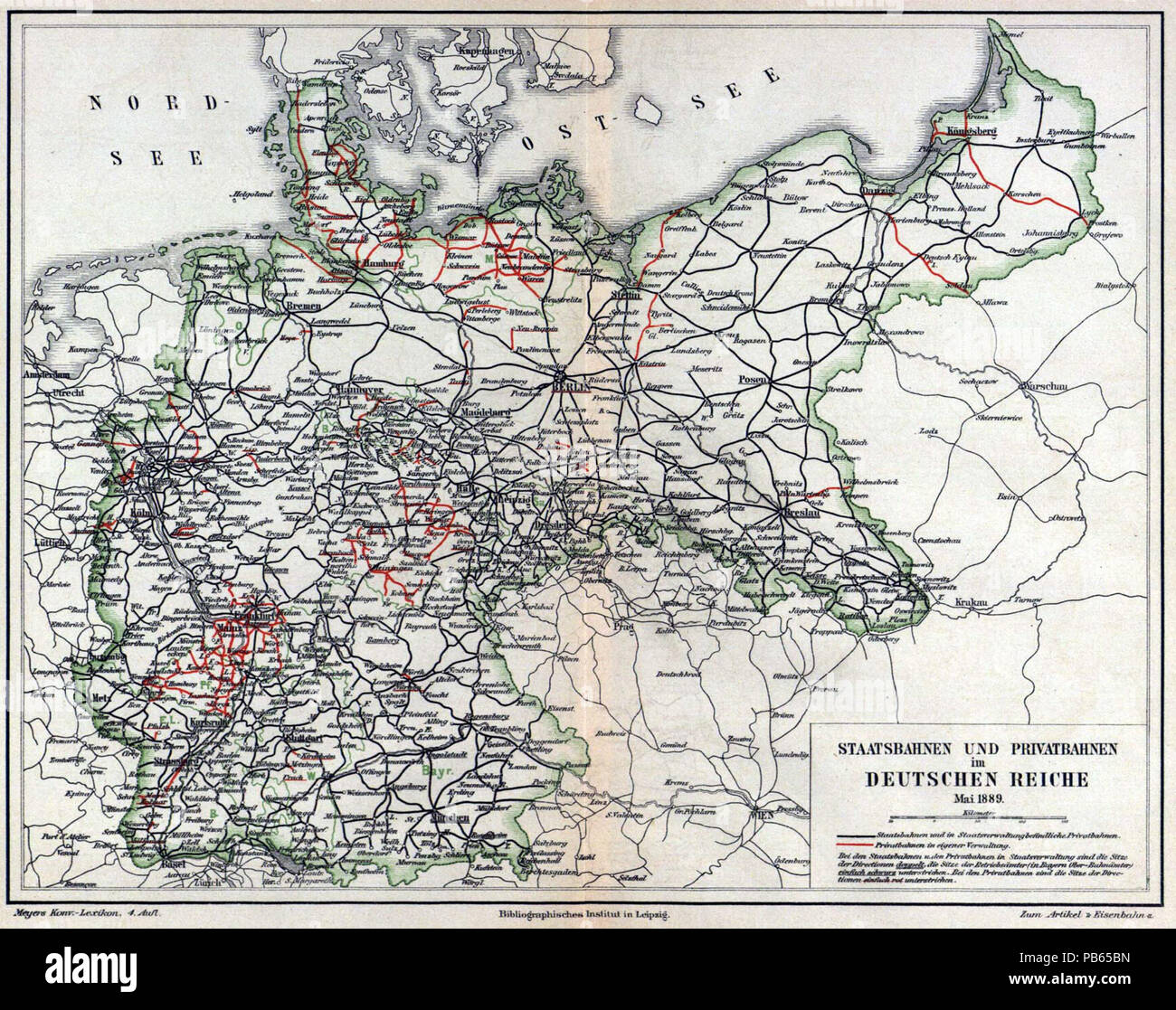 . Deutsch: Karte "Staatsbahnen und Privatbahnen im deutschen Reiche, Mai 1889" zum Artikel "Eisenbahn" . dal 1885 fino al 1890 1038 Meyers b5 s0442a Foto Stock
