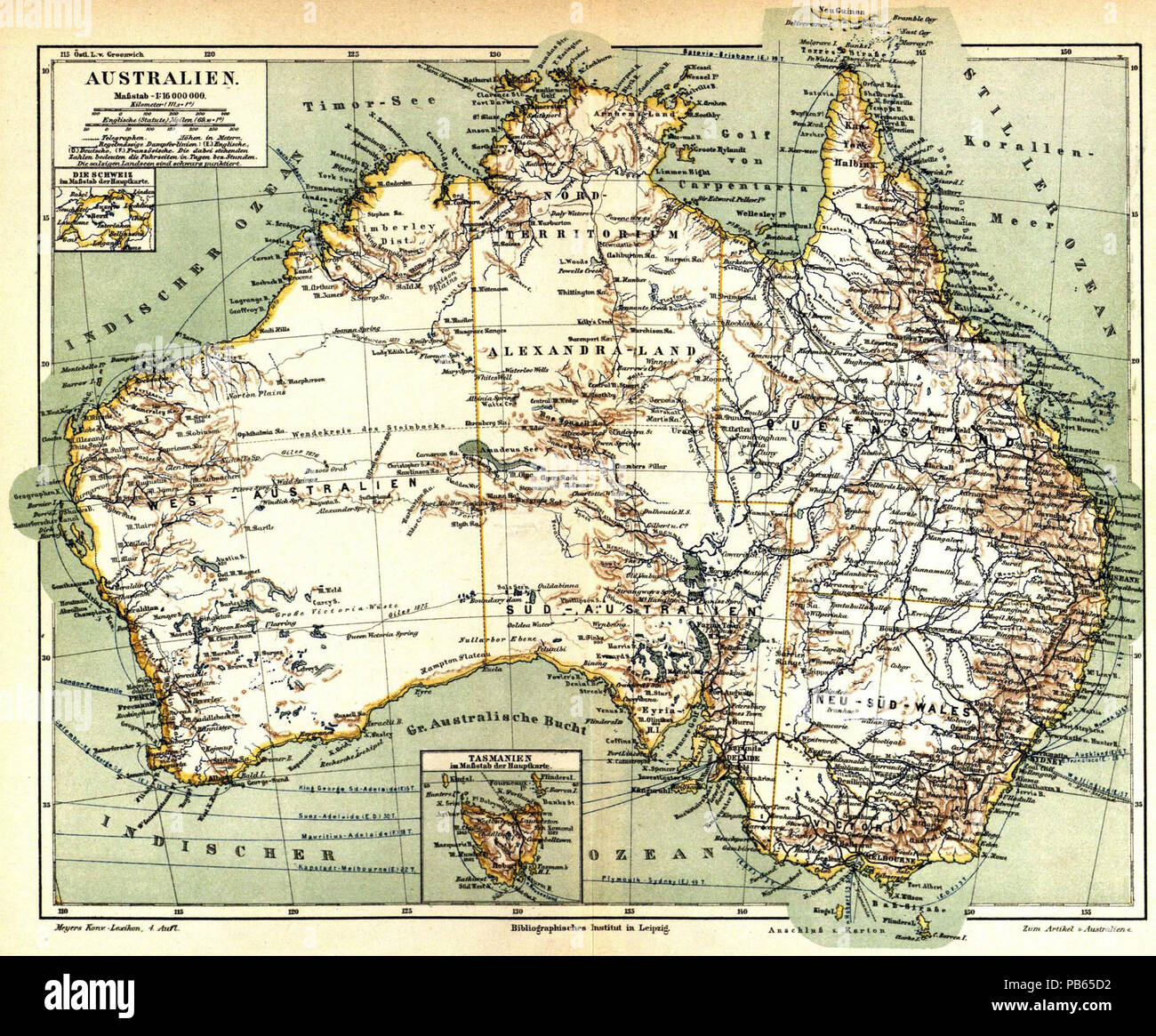 . Deutsch: Karte "Australien" (1 : 16 000 000) zum gleichnamigen Artikel; Nebenkarte "Tasmanien im Maßstab der Hauptkarte" und zum Vergleich "Die Schweiz im Maßstab der Hauptkarte" inglese: Meyers Konversationslexikon - Vol. 2 - mappa a pagina 144 - Australia . Dal 1885 fino al 1890 1033 Meyers b2 s0144a Foto Stock