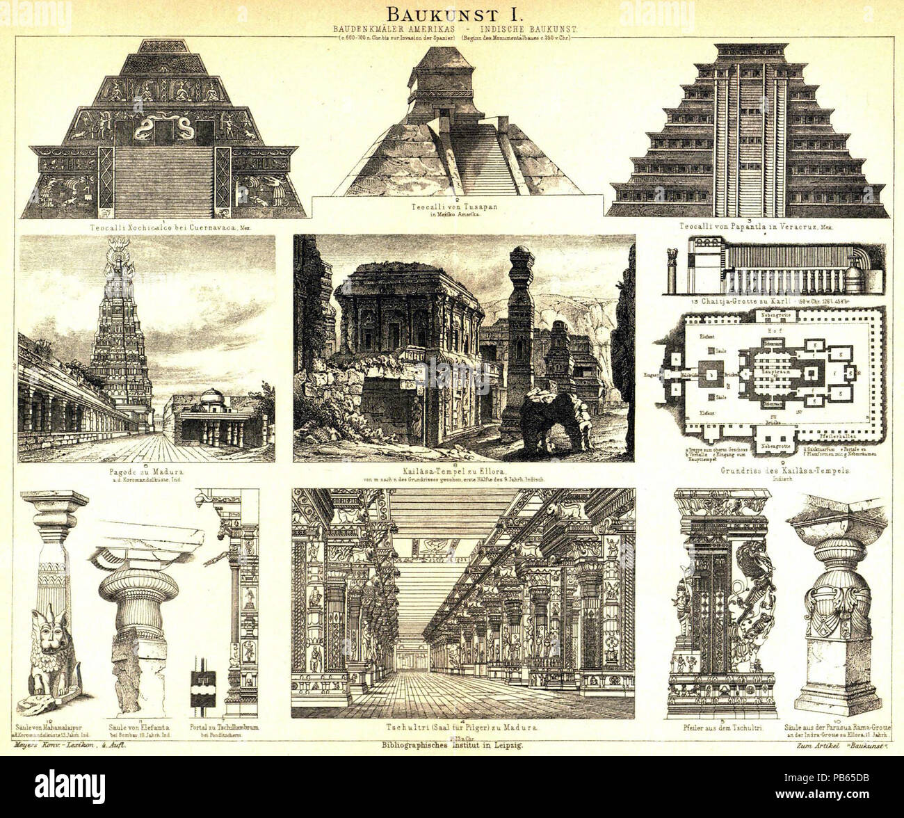 . Deutsch: Tafel Baukunst I - Baudenkmäler Amerikas (c. 600-700 n. Chr. bis zur Invasion der Spanier) - Indische Baukunst (Beginn des Monumentalbaues c. 250 v. Chr.), Bildunterschriften: 1. Xochicalco Teocalli bei Cuernavaca, Mex. 2. Teocalli von Tusapan in Mexiko, Amerika 3. Teocalli von Papantla a Veracruz, Mex. 6. Pagode zu Madura a. d. Koromandelküste, ind. 8. Kailâsa-Tempel zu Ellora, von m nach n des Grundrisses gesehen, Erste Hälfte des 9. Jahrh. Indisch 13. Chaitja-Grotte zu Karli c. 150 v. Chr. 126' l. 45' 7 br. 9. Grundriss des Kailâsa-Tempels. Indisch 12. Säule von Mahamalaipur a. Foto Stock