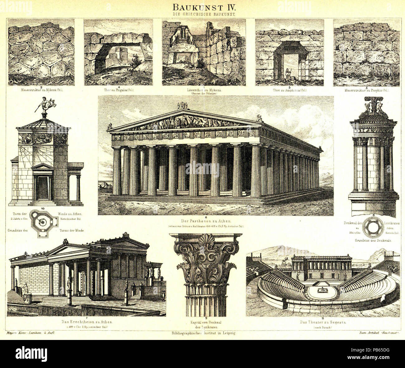 . Deutsch: Tafel Baukunst IV - Die griechische Baukunst, Bildunterschriften: 2. Mauerstruktur zu Mykena (Pel.) 4. Il Thor zu Phigalia (Pel.) 1. Löwenthor zu Mykenä. (Bauten der Pelasger) 5. Il Thor zu Amphissa (Pel.) 3. Mauerstruktur zu Psophis (Pel). 10. Turm der Winde zu Athen 6. Der Parthenon zu Athen (erbaut von Iktinos und Kallikrates 454-438 V. Ch., II. Ep. dorischer Stil) 8. Denkmal des Lysikrates zu Athen, 334 v. Chr. Korinth. Stil, Grundriss des Denkmals 7. Das Erechtheion zu Athen (c. 409 v. Chr. II. Ep. ionischer Stil) 9. Kapitäl vom Denkmal des Lysikrates 11. Teatro Das zu Segesta (nach Foto Stock