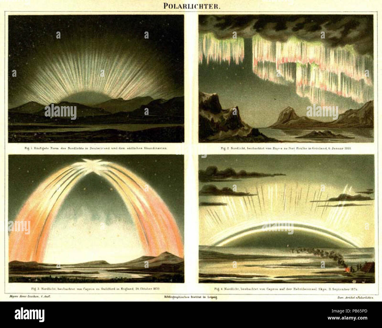 . Inglese: aurora polare. Français : Aurore polaire. Deutsch: Polarlichter. Fig. 1. Modulo Häufigste des Nordlichts in Deutschland und dem Skandinavien südlichen. Fig. 2. Nordlicht, beobachtet von Hayes zu Foulke porta in Grönland, 6. Januar 1861. Fig. 3. Nordlicht, beobachtet von Capron zu Guildford in Inghilterra, 24. Oktober 1870. Fig. 4. Nordlicht, beobachtet von Capron auf der Hebrideninsel Skye, 11. Settembre 1874. circa 1885 1028 Meyers b13 s0167a Foto Stock