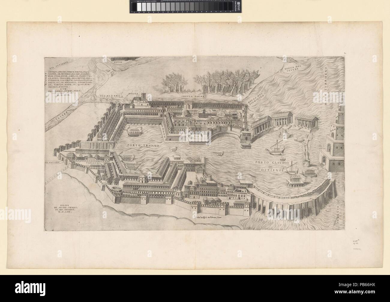 Speculum Romanae Magnificentiae": Birdseye veduta del porto di Roma. Artista: Dopo Pirro Ligorio (italiano, Napoli ca. 1512/13-1583 Ferrara); Giulio de Musi (Italiano, active 1550-1555). Dimensioni: foglio: 15 9/16 x 26 15/16 in. (39,5 x 68,5 cm) montaggio: 22 1/8 x 33 5/8 in. (56,2 x 85,4 cm). Editore: pubblicato per la prima volta da Michele Tramezzino (italiano, attivo a Venezia e Roma, 1526 morto 1561); Giovanni Battista de Rossi (italiano, XVII secolo). Serie/Portfolio: Speculum Romanae Magnificentiae". Data: 1554. Questa stampa proviene dal museo della copia del Speculum Romanae Magnificentiae" (Lo specchio di R Foto Stock