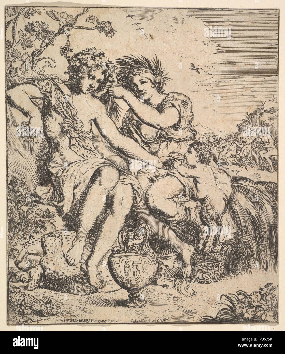L'alleanza di Bacco e Cerere. Artista: Pierre Brebiette (francese, Mantes-sur-Seine ca. 1598-1642 Paris). Dimensioni: foglio: 6 7/8 x 5 7/8 in. (17,5 x 14,9 cm). Data: 1610-42. Museo: Metropolitan Museum of Art di New York, Stati Uniti d'America. Foto Stock