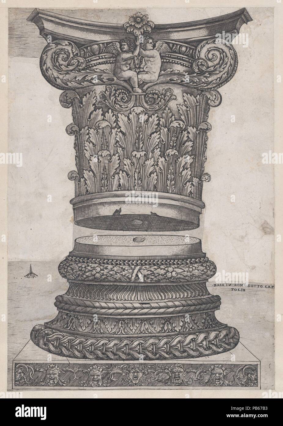 Speculum Romanae Magnificentiae": decorate di capitale e di base. Artista: Master G.A. (Italiano, attivo ca. 1535). Dimensioni: mount: 16 9/16 x 12 11/16 in. (42 x 32,3 cm) foglio: 11 11/16 x 8 1/4 in. (29,7 x 21 cm). Serie/Portfolio: Speculum Romanae Magnificentiae". Data: ca. 1537. Questa stampa proviene dal museo della copia del Speculum Romanae Magnificentiae" (Lo specchio della magnificenza romana) lo specolo trova la sua origine nella pubblicazione si sforza di Antonio Salamanca e Antonio Lafreri. Durante la loro pubblicazione romana carriera, i due editori stranieri - che hanno lavorato insieme tra il 1553 e 15 Foto Stock