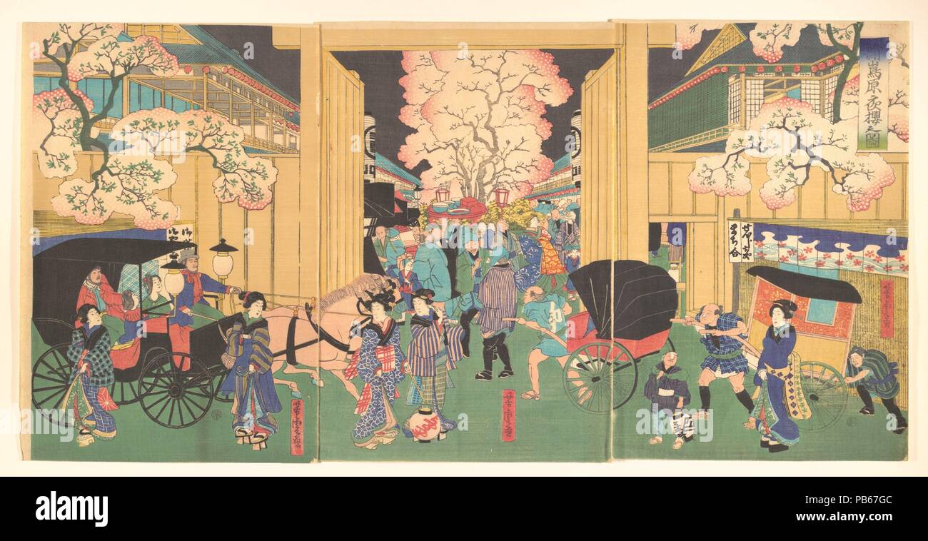 Le ciliegie di notte a New Shimabara. Artista: Utagawa Yoshitora (giapponese, active ca. 1850-80). Cultura: il Giappone. Dimensioni immagine: (a): 14 1/4 x 9 3/4 in. (36,2 x 24,8 cm) immagine (b): 14 1/4 x 9 3/4 in. (36,2 x 24,8 cm) immagine (c): 14 1/4 x 9 1/2 in. (36,2 x 24,1 cm). Data: del XIX secolo. Museo: Metropolitan Museum of Art di New York, Stati Uniti d'America. Foto Stock