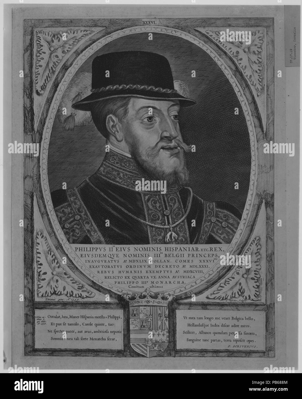 Filippo II re di Spagna, dalla serie conta e Countesses di Olanda, Zeeland, e West-Frisia. Artista: incisi da Cornelis Visscher (Olandese, Haarlem (?) 1629-1658 Amsterdam). Artista e editore: Pieter Soutman (Olandese, ca. 1580-1657). Autore: Scritto da Petrus Scriverius. Dimensioni: foglio: 20 1/2 x 15 1/8 in. (52 x 38,4 cm) piastra: 16 x 11 3/4 in. (40,6 x 29,8 cm). Serie/Portfolio: conta e Countesses di Olanda, Zeeland, e West-Frisia. Data: 1650. Museo: Metropolitan Museum of Art di New York, Stati Uniti d'America. Foto Stock
