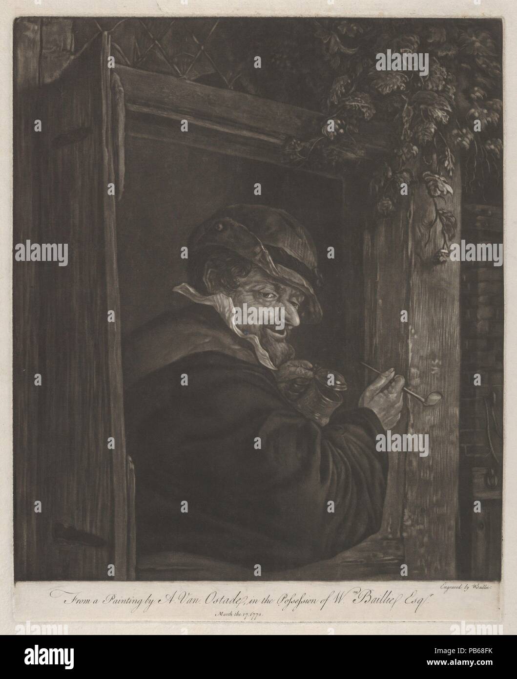 Uomo a fumare e bere in corrispondenza di una finestra. Artista: Capitano William E. Baillie (Irlandese, County Kilbride 1723-1810 Londra); dopo Adriaen van Ostade (Olandese, 1610-1685 Haarlem Haarlem). Dimensioni: Piastra: 11 1/2 x 9 1/4 in. (29,2 × 23,5 cm) foglio: 14 × 11 9/16 in. (35,6 × 29,4 cm). Data: Marzo 17, 1774. Museo: Metropolitan Museum of Art di New York, Stati Uniti d'America. Foto Stock