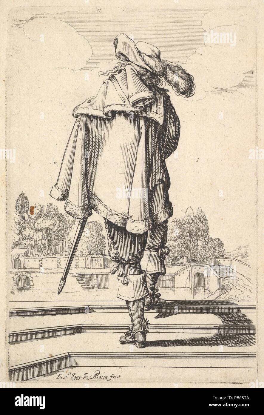 Un gentleman, visto da dietro, camminando su di un parapetto, con un mantello sopra la sua spalla sinistra, indossando un cappello piumati e stivali con speroni. Artista: Abraham Bosse (francese, Tours 1602/1604-1676 Parigi); Dopo Jean de Saint-Igny (francese, Rouen ca. 1595/1600-1647 Parigi). Dimensioni: foglio: 7 7/16 x 5 1/16 in. (18,9 × 12,8 cm) Piastra: 5 9/16 x 3 3/4 in. (14,1 × 9,5 cm). Serie/portafoglio: il giardino della nobiltà francese in cui si può ritirare il loro modo di vestire (Le Jardin de la Noblesse Françoise dans lequel ce peut ceuillir leur maniere de Vettements). Data: 1629. Museo: Metropolitan Museum of Art Foto Stock