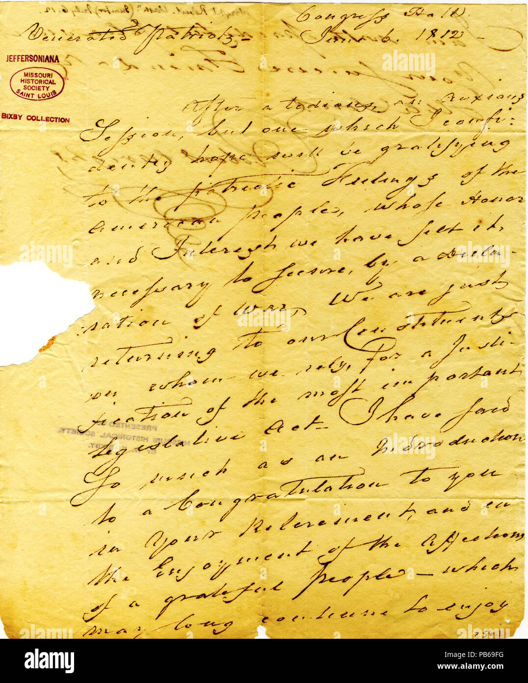 912 lettera firmata Robert Wright, sala congressi, di Thomas Jefferson, 6 giugno 1812 Foto Stock