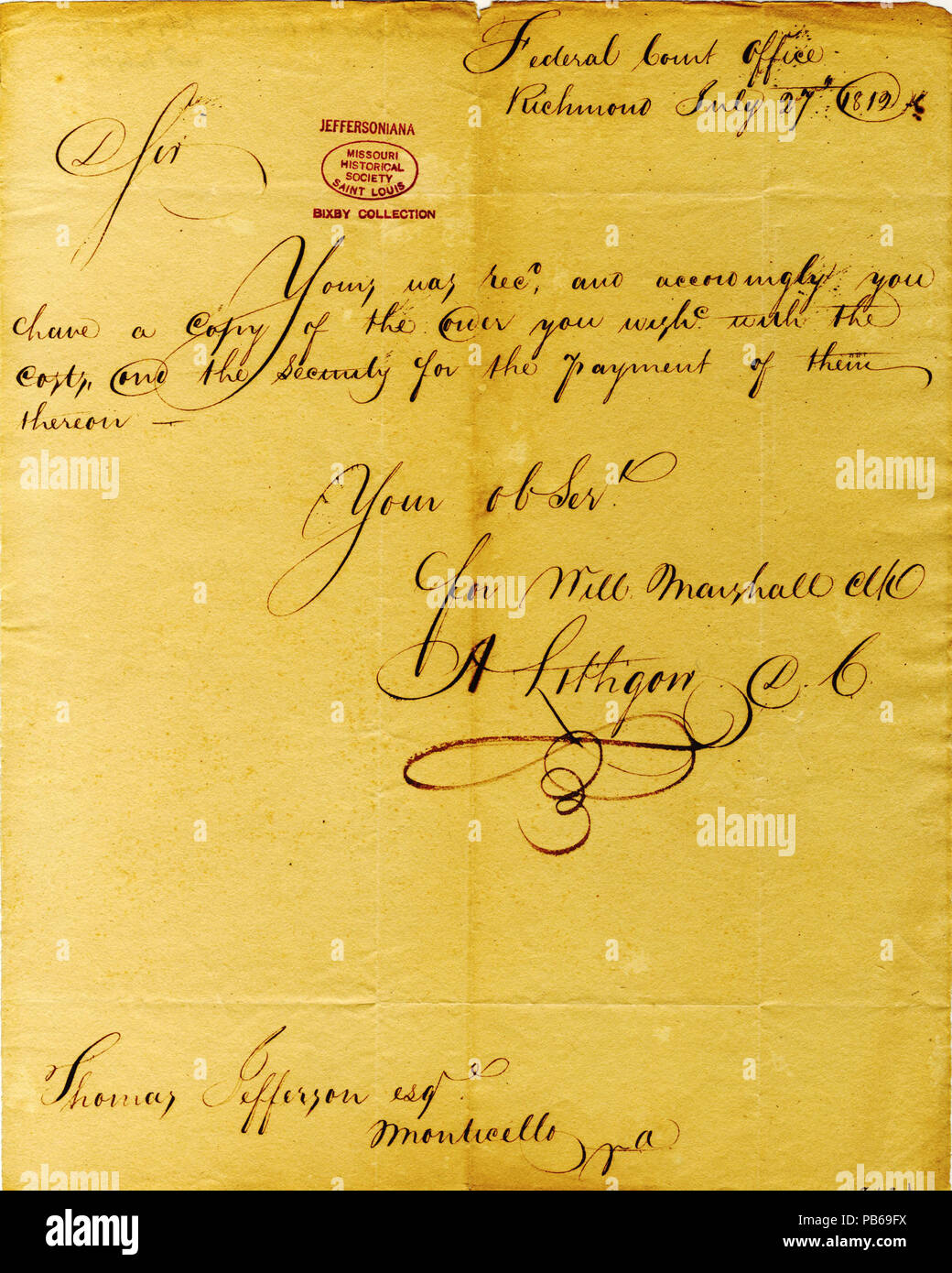 905 lettera firmata A. Lithgow, corte federale ufficio, Richmond, di Thomas Jefferson, Monticello, Virginia, luglio 27, 1812 Foto Stock