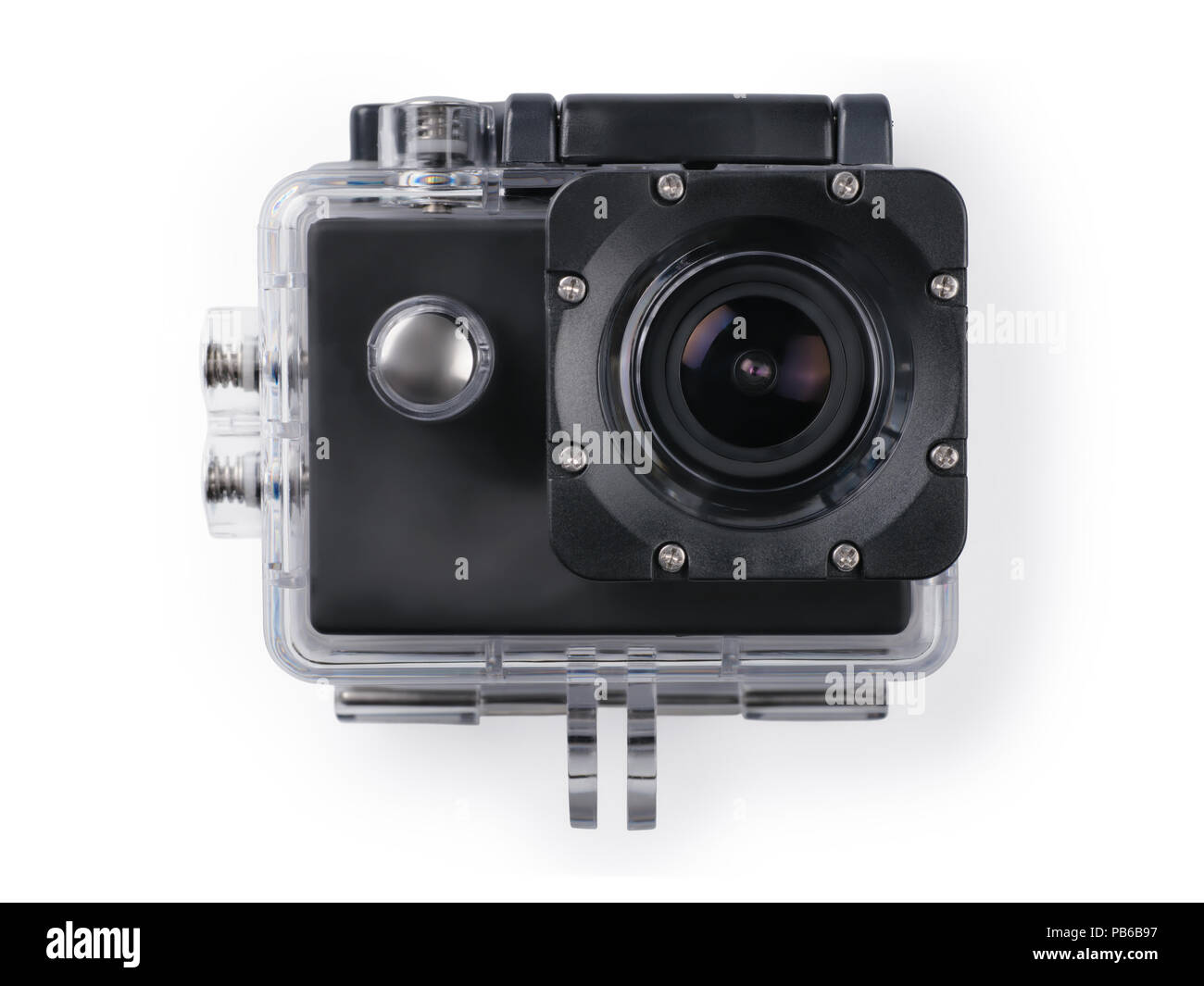 Azione fotocamera nella scatola acqua vista frontale. Isolato su bianco, percorso di clipping incluso Foto Stock