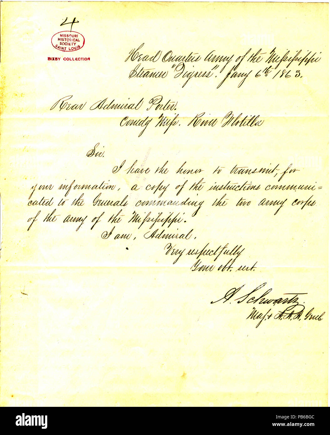 1119 Nota da A. Schwartz, sede, Esercito del Mississippi, il sistema di cottura a vapore Tigre, a Davide (D) Porter, 6 gennaio 1863 Foto Stock