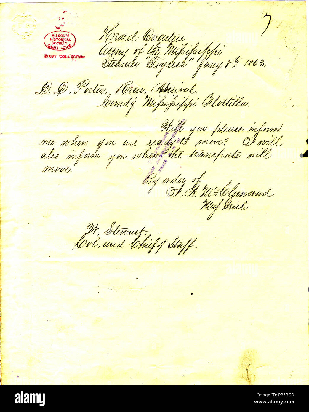 1119 Nota da J. A. McClernand, sede, Esercito del Mississippi, il sistema di cottura a vapore tigre, (David D.) Porter, 8 gennaio 1863 Foto Stock