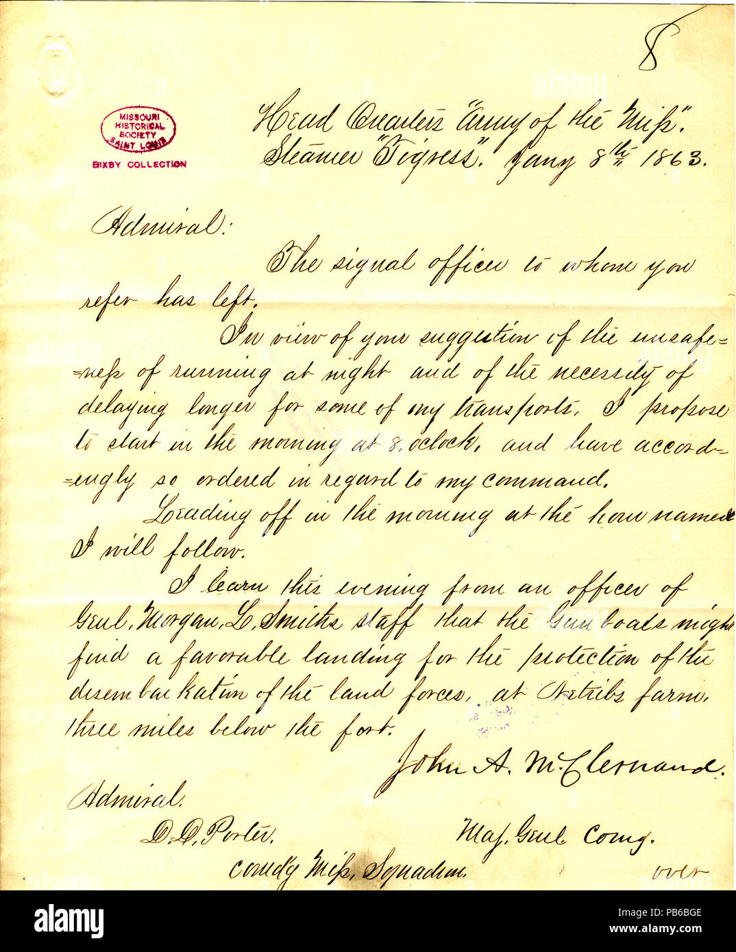 901 Lettera da J. A. McClernand, sede, Esercito del Mississippi, il sistema di cottura a vapore tigre, (David D.) Porter, 8 gennaio 1863 Foto Stock