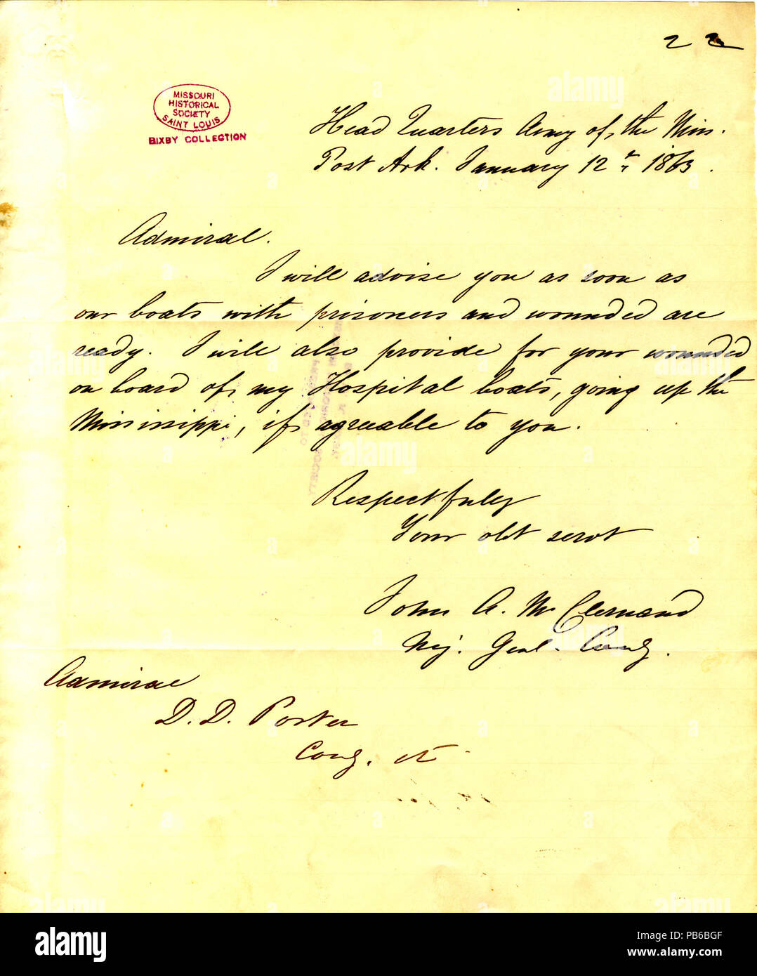 1119 Nota da John A. McClernand, sede, Esercito del Mississippi, Post Arkansas, (David D.) Porter, Gennaio 12, 1863 Foto Stock
