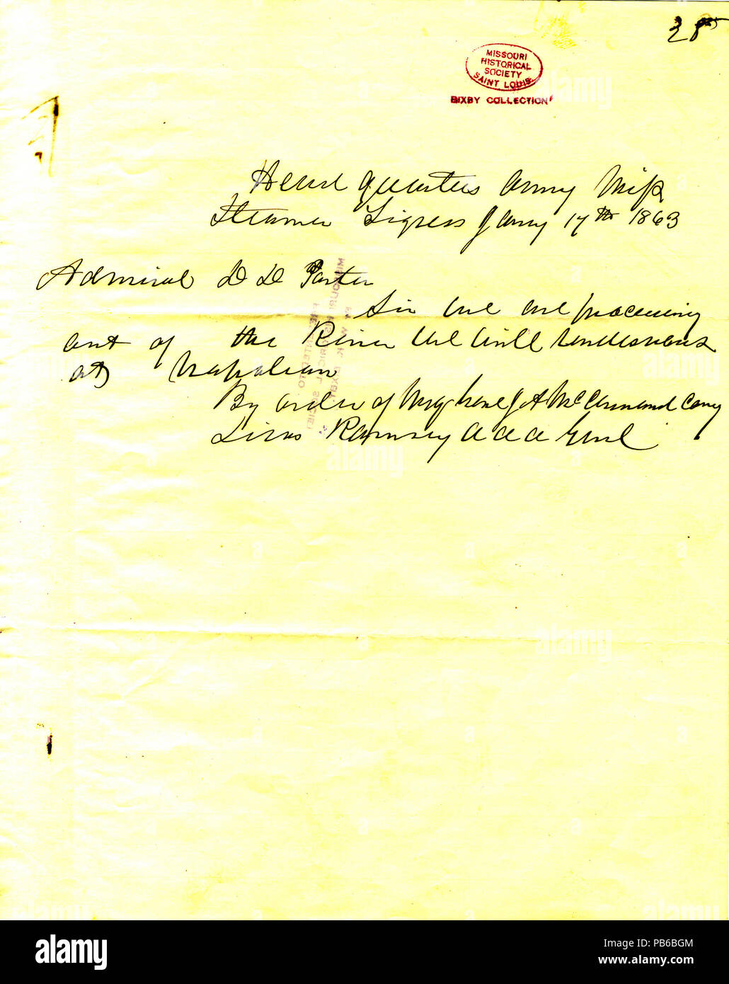 1119 Nota da Linus( ) Ramsey (per ordine del generale J. A. McClernand), sede, Esercito del Mississippi, il sistema di cottura a vapore tigre, (David D.) Porter, Gennaio 17, 1863 Foto Stock