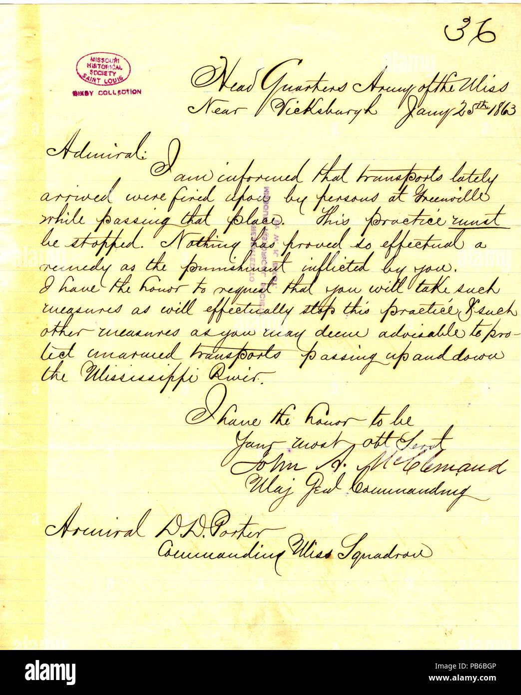 902 Lettera da John A. McClernand, sede, Esercito del Mississippi, vicino a Vicksburg, (David D.) Porter, Gennaio 25, 1863 Foto Stock