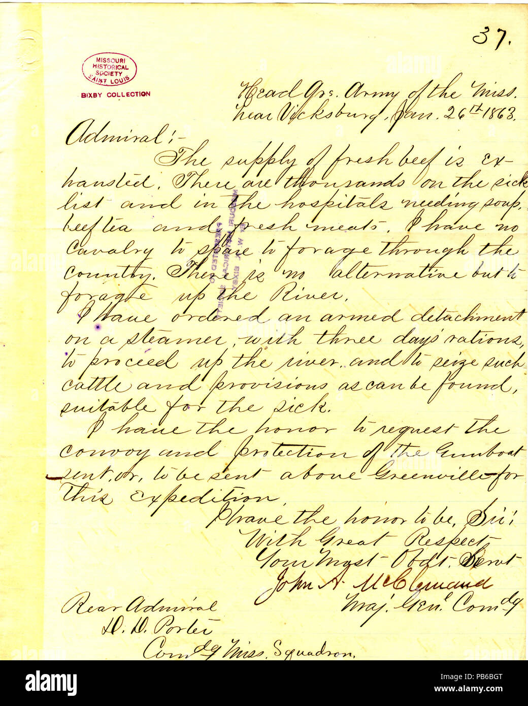 902 Lettera da John A. McClernand, sede, Esercito del Mississippi, vicino a Vicksburg, (David D.) Porter, Gennaio 26, 1863 Foto Stock