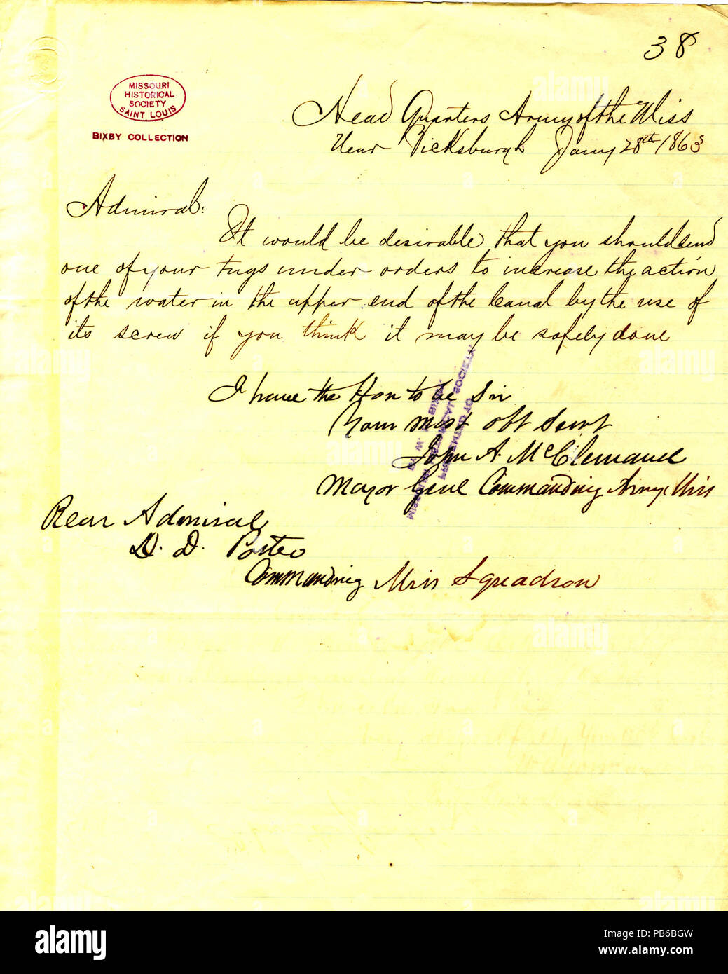 1119 Nota da John A. McClernand, sede, Esercito del Mississippi, vicino a Vicksburg, (David D.) Porter, 28 Gennaio 1863 Foto Stock