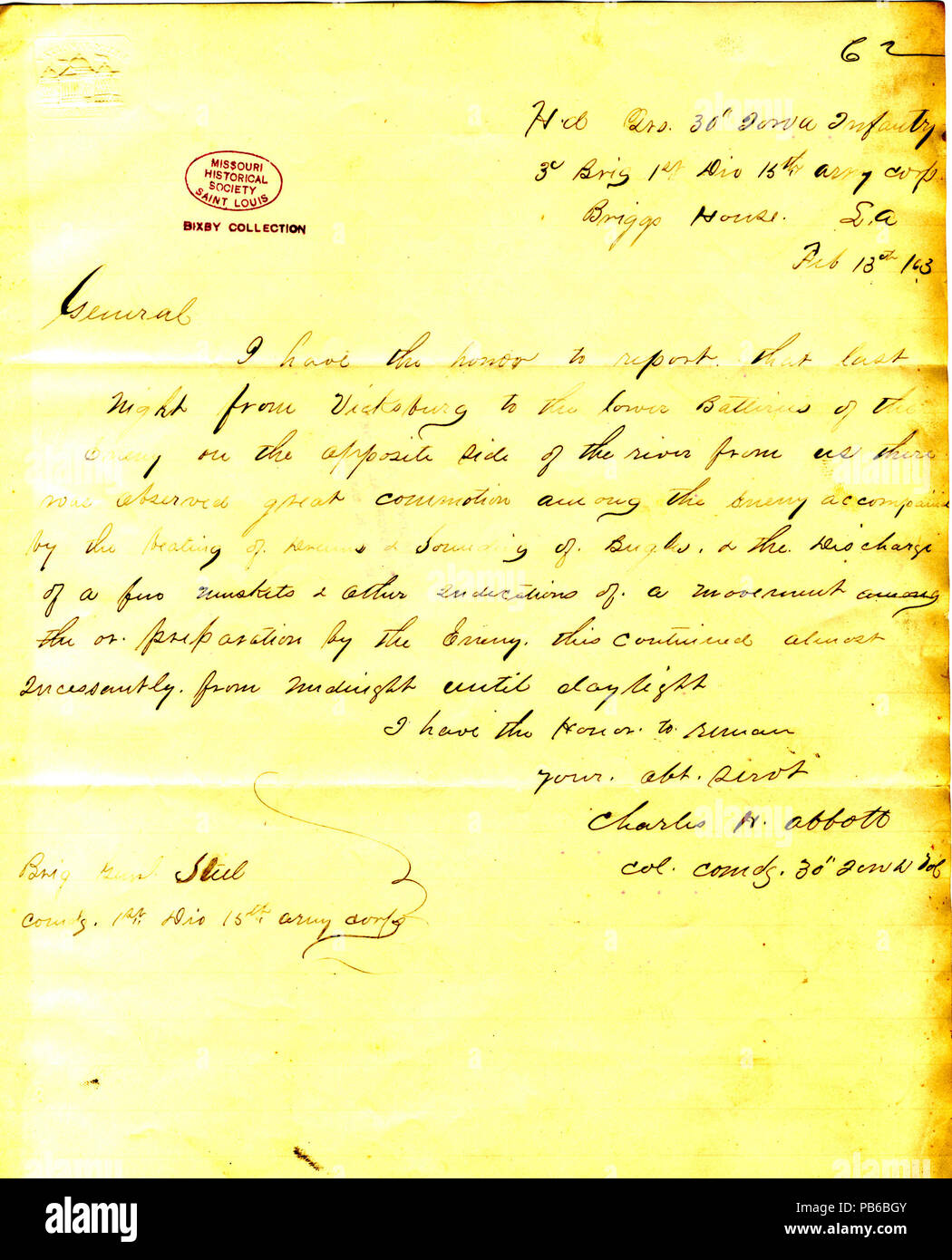 900 Lettera da Charles H. Abbott, sede centrale, trentesimo Iowa fanteria, 3° Brigata, 1° Divisione xv Esercito, Briggs House, Louisiana, al Generale di Brigata Steele, 13 Febbraio 1863 Foto Stock