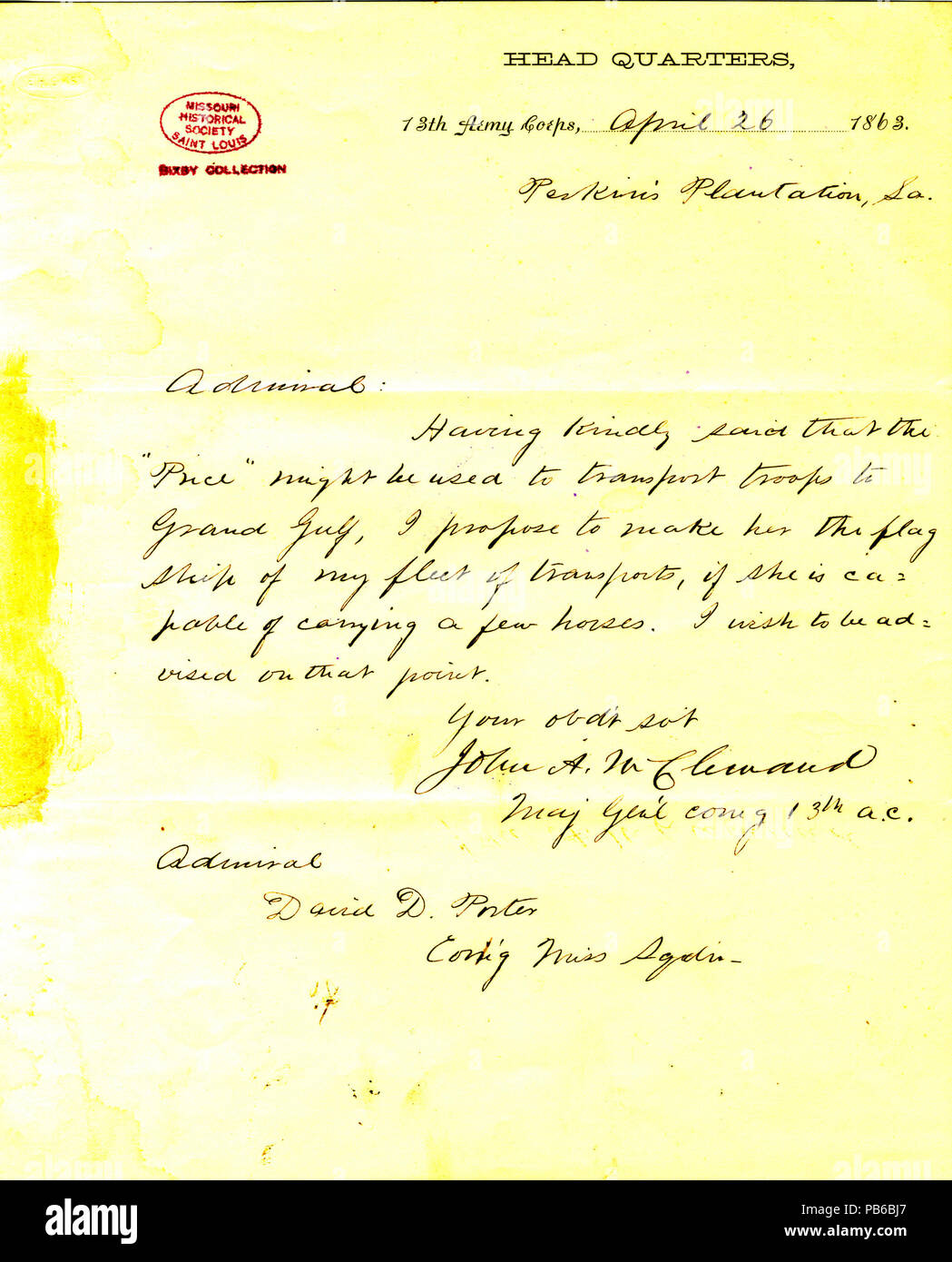 902 Lettera da John A. McClernand, sede centrale, xiii Esercito, Perkins' Plantation, Louisiana, (David D.) Porter, 26 aprile 1863 Foto Stock