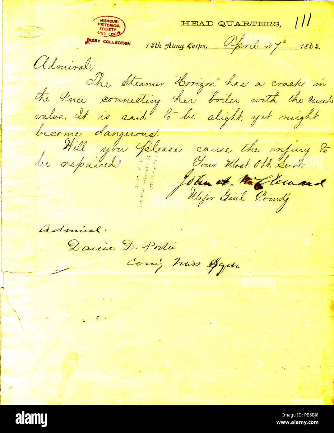 902 Lettera da John A. McClernand, sede centrale, xiii Esercito, (David D.) Porter, 27 aprile 1863 Foto Stock