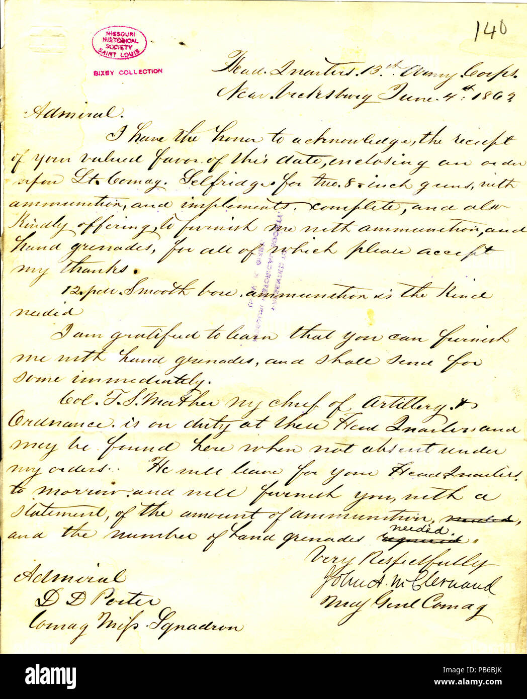 902 Lettera da John A. McClernand, sede centrale, xiii Esercito, vicino a Vicksburg, (David D.) Porter, Giugno 4, 1863 Foto Stock