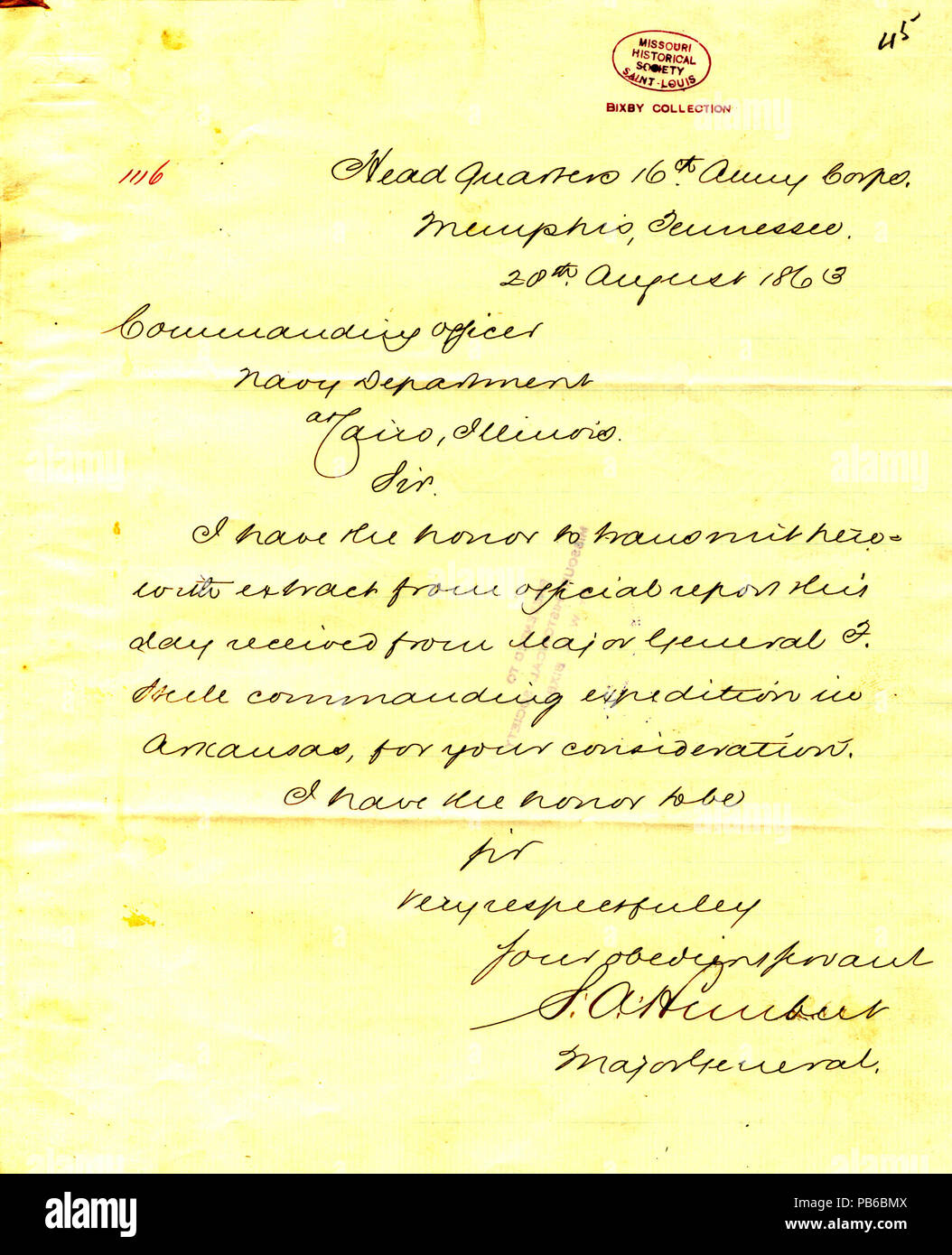 903 Lettera da S. A. Hurlbut, sede centrale, XVI Esercito, Memphis, Tennessee, al comandante, Dipartimento della Marina a Il Cairo, Illinois, Agosto 20, 1863 Foto Stock