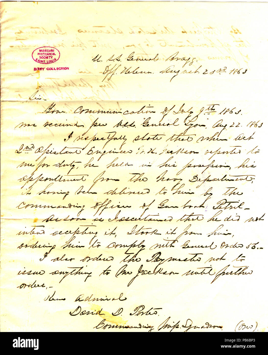 903 Lettera dal Vescovo di Giosuè, U. S. Bragg generale, off Helena, (David D.) Porter, Agosto 23, 1863 Foto Stock