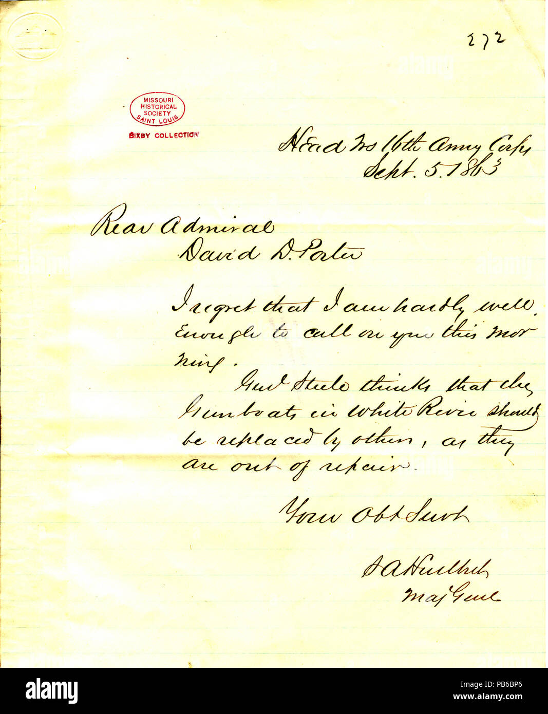 903 Lettera da S. A. Hurlbut, sede centrale, XVI Esercito, (David D.) Porter, 5 settembre 1863 Foto Stock