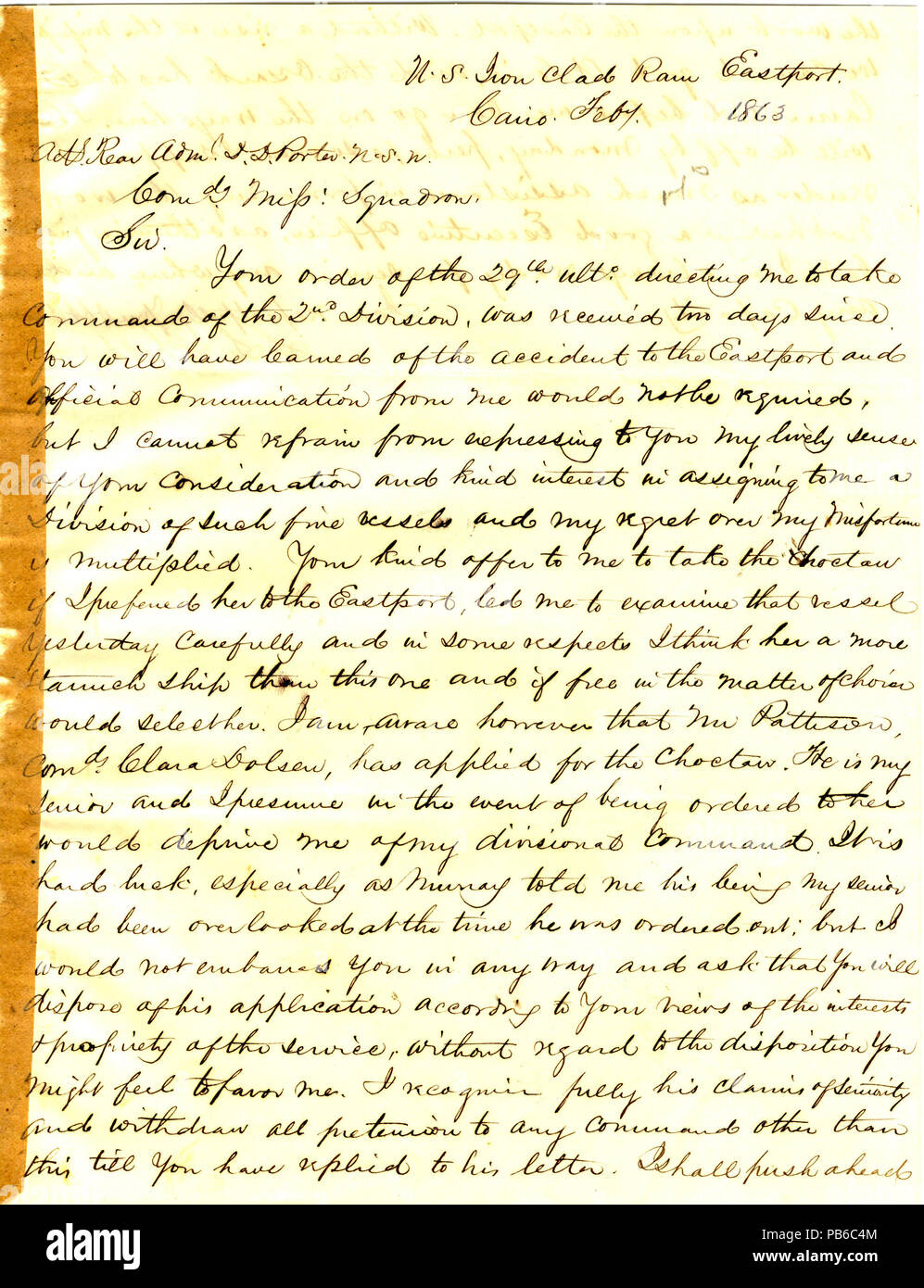 903 Lettera da Seth Ledyard Phelps, U. S. S. Eastport, Cairo, Illinois, a David Porter, Febbraio 1863 Foto Stock