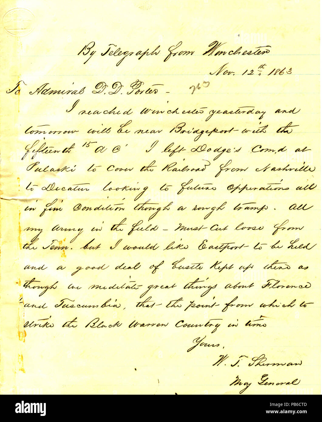 1771 trascrizione del telegramma di W. T. Sherman, Winchester, Tennessee, a David D. Porter, Novembre 12, 1863 Foto Stock