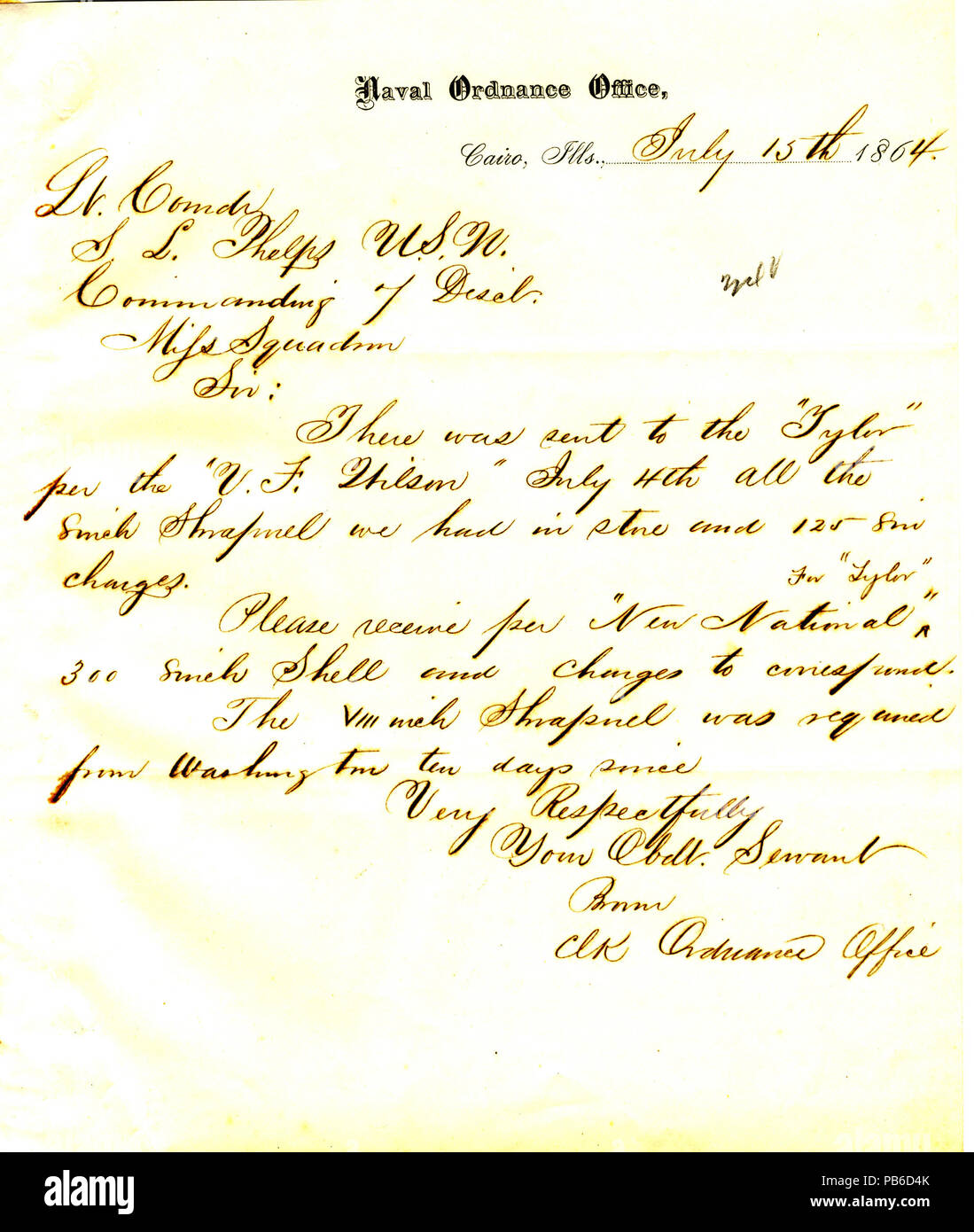 899 Lettera da Brown, cancelliere, Ordnance Office, il Cairo, Illinois, a Seth Ledyard Phelps, luglio 15, 1864 Foto Stock