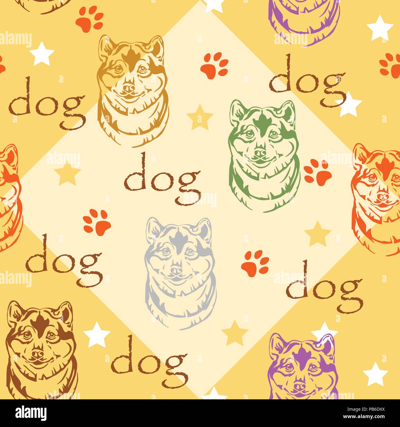 Vettore colorati seamless pattern con stelle, zampe e ritratto decorativo di cane Shiba Inu, su sfondo giallo Illustrazione Vettoriale
