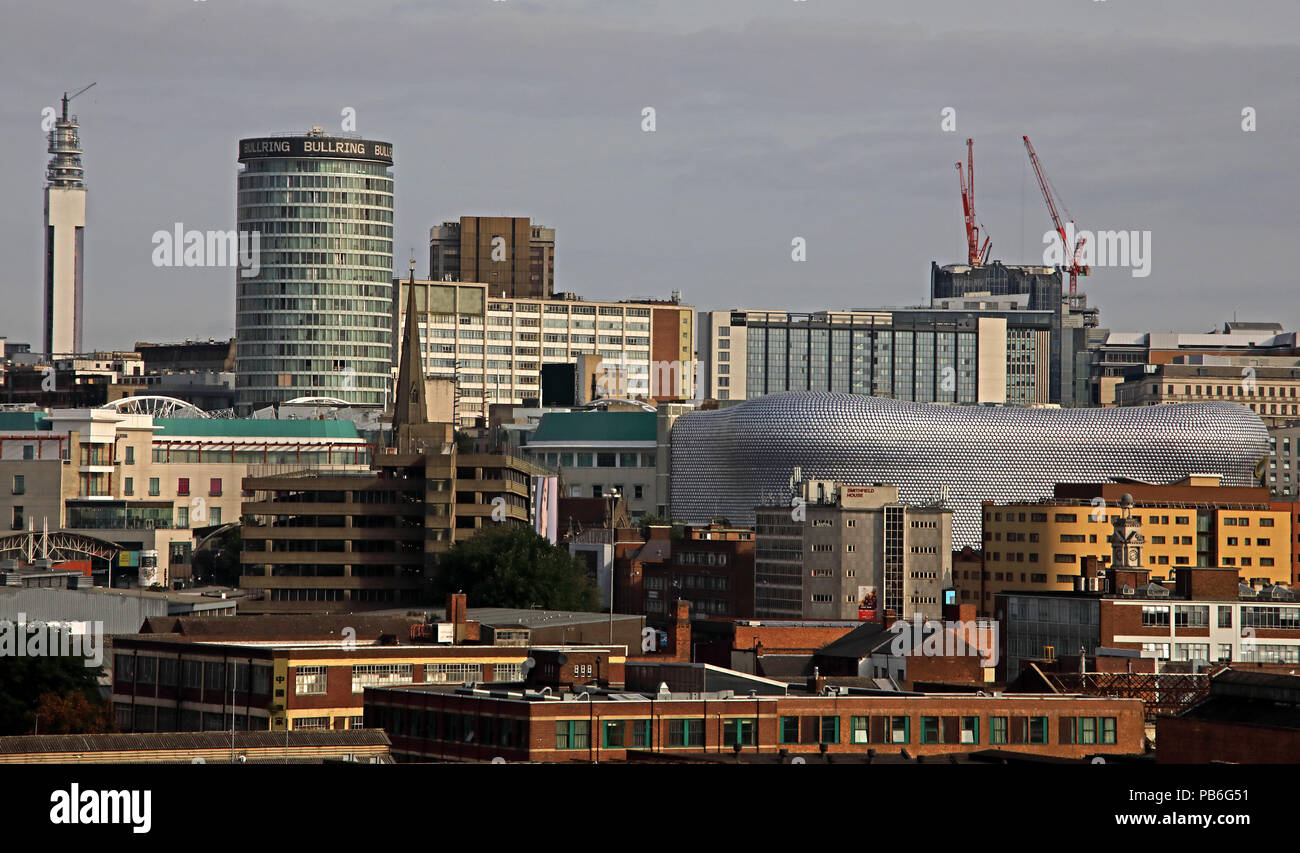 Birmingham City Centre panoramica vista sullo skyline, West Midlands, England, Regno Unito, dal sud della città Foto Stock