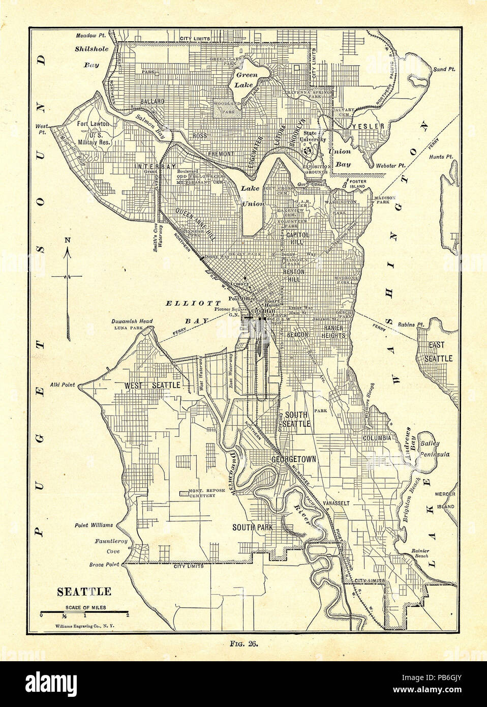 . Inglese: una mappa di Seattle nel 1914 che mostra i quartieri e griglie di strada e altre funzionalità principali della zona. Questa mappa è stata pubblicata nel libro di nuove aree geografiche (1914) di Tarr & McMurry. circa 1914 994 mappa di Seattle 1914 Foto Stock