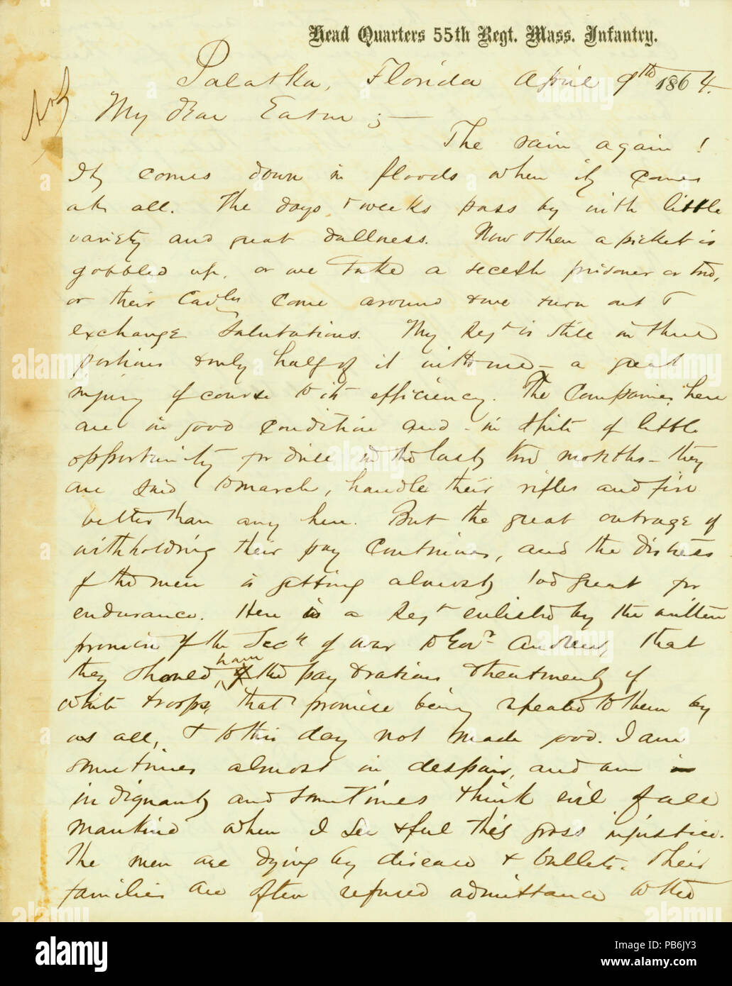 905 lettera firmata A.S.H. (Alfred S. Hartwell), capo quarti 55th regt. Messa. (Reggimento Massachusetts) fanteria, Palatka, Florida, a Lucien Eaton, Aprile 9, 1864 Foto Stock