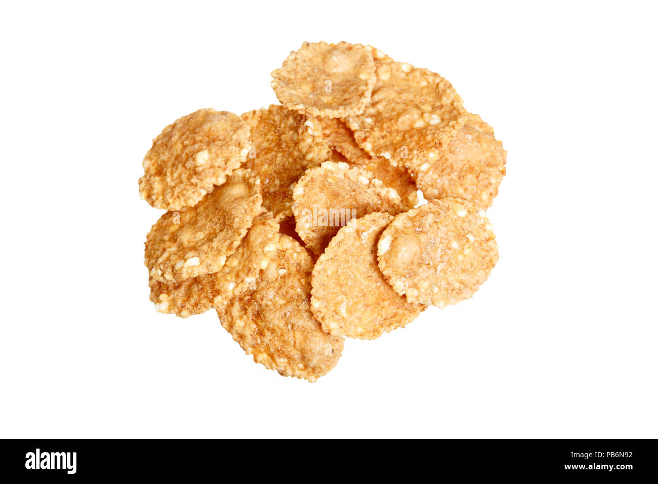 Campionamento di piccole dimensioni di corn flake cereale in un palo isolata contro uno sfondo bianco Foto Stock