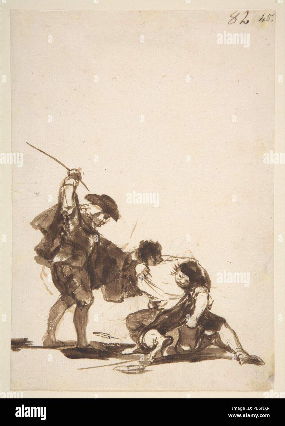 Un uomo con una frusta sollevata la rottura di una lotta tra due figure; folio 82 dalle immagini di Spagna Album 'F'. Artista: Goya (Francisco de Goya y Lucientes) (Spagnolo, 1746-1828 Fuendetodos Bordeaux). Dimensioni: foglio: 8-1/16 x 5-5/8 in. (20,5 x 14.3cm). Data: ca. 1812-20. Museo: Metropolitan Museum of Art di New York, Stati Uniti d'America. Foto Stock