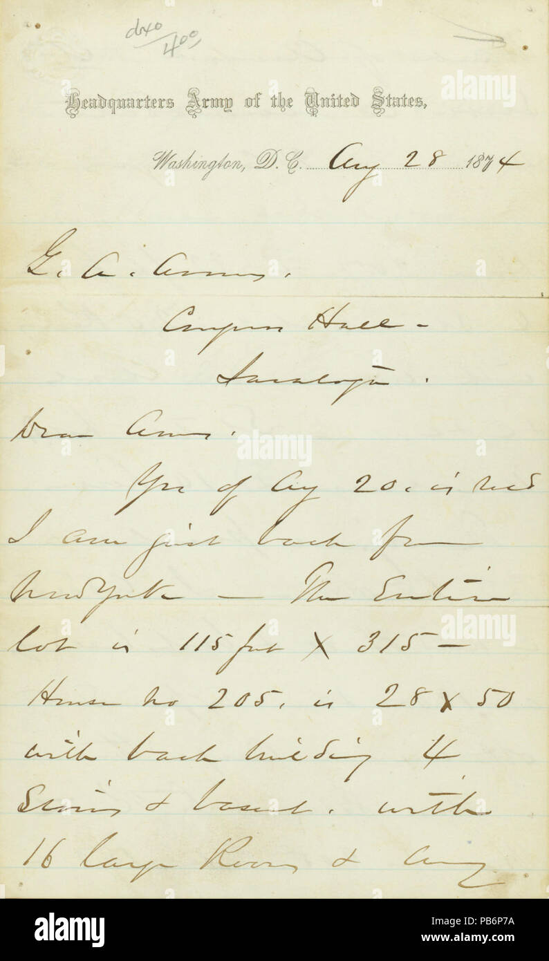 914 lettera firmata W.T. Sherman, sede esercito degli Stati Uniti di Washington, D.C., di G.A. Ames, Saratoga, 28 agosto 1874 Foto Stock