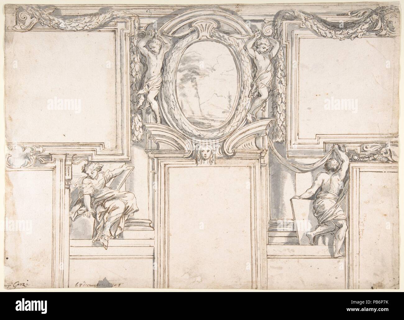 Progettazione di elevazione a parete con stucchi e decorazioni dipinte. Artista: Luigi Garzi (italiano, Pistoia Roma 1638-1721). Dimensioni: 11-1/4 x 15 in. (28,6 x 38,1 cm). Data: 1708. Museo: Metropolitan Museum of Art di New York, Stati Uniti d'America. Foto Stock