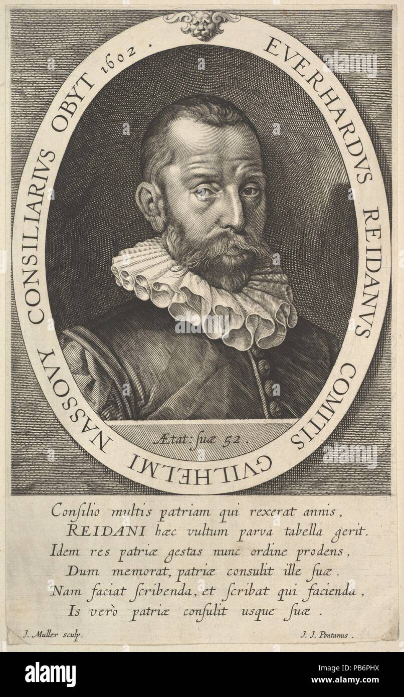 Ritratto di Everhard van Reyd, consigliere di William, principe di Orange. Artista: Jan Muller (Netherlandish, 1571-1628 Amsterdam Amsterdam). Dimensioni: 8 7/8 x 5 1/2 in. (22,5 × 14 cm). Data: 1602. Museo: Metropolitan Museum of Art di New York, Stati Uniti d'America. Foto Stock