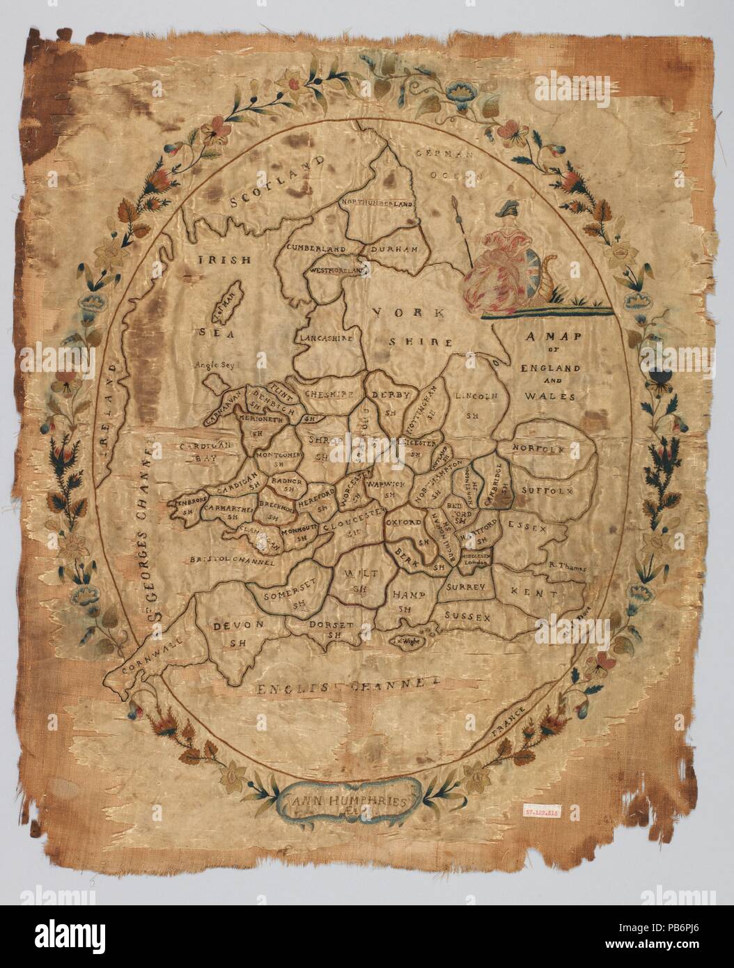 Mappa ricamato campionatore. Cultura: British. Dimensioni: H. 21 x W. 17 5/8 pollici (53,3 x 44,8 cm). Data: tardo XVIII-XIX secolo. Museo: Metropolitan Museum of Art di New York, Stati Uniti d'America. Foto Stock