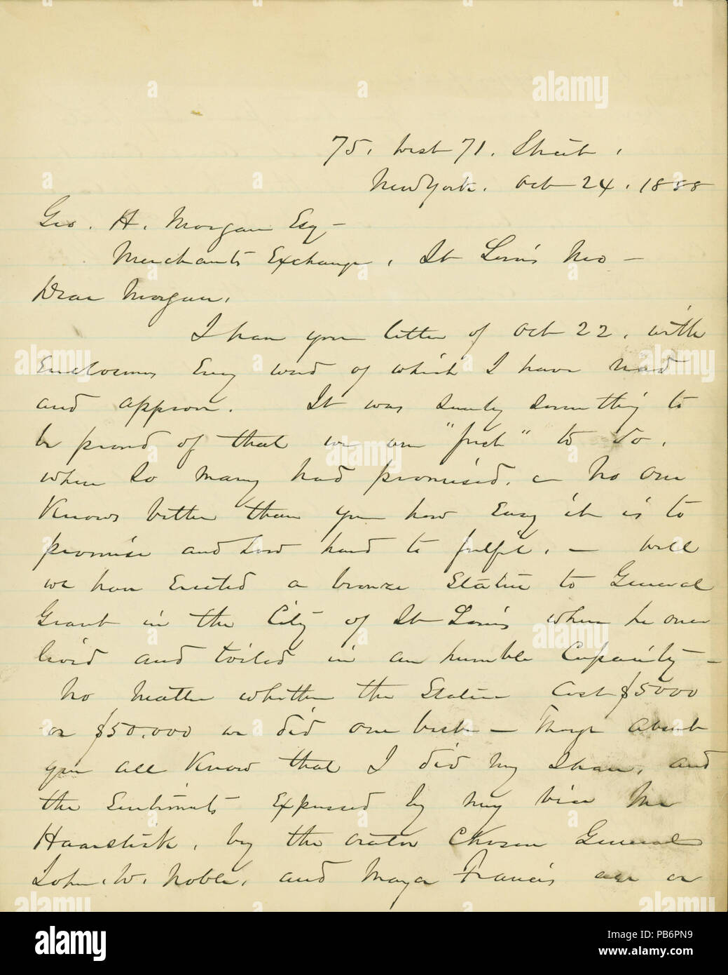 914 lettera firmata W.T. Sherman, 75 West 71 Street, New York, a George H. Morgan Merchant Exchange, St. Louis, Missouri, 24 Ottobre 1888 Foto Stock