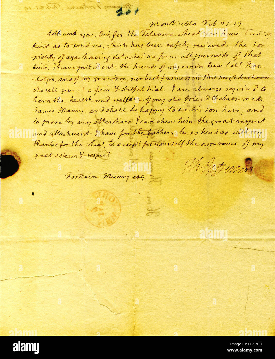 913 lettera firmata Thomas Jefferson, Monticello, a Fontaine Maury, 21 Febbraio 1819 Foto Stock