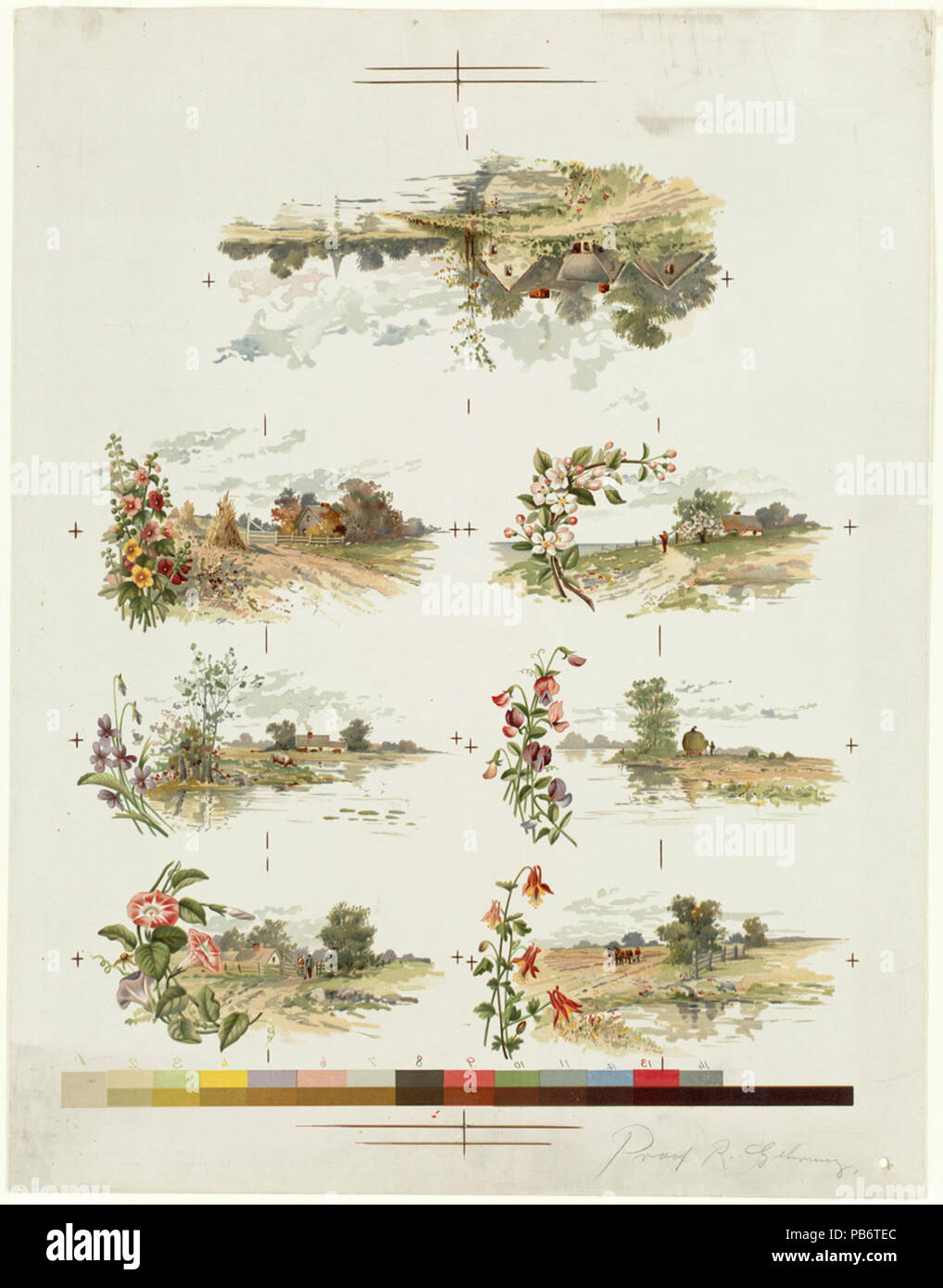 1309 sette motivi floreali e paesaggio disegni su un foglio da Boston Public Library Foto Stock