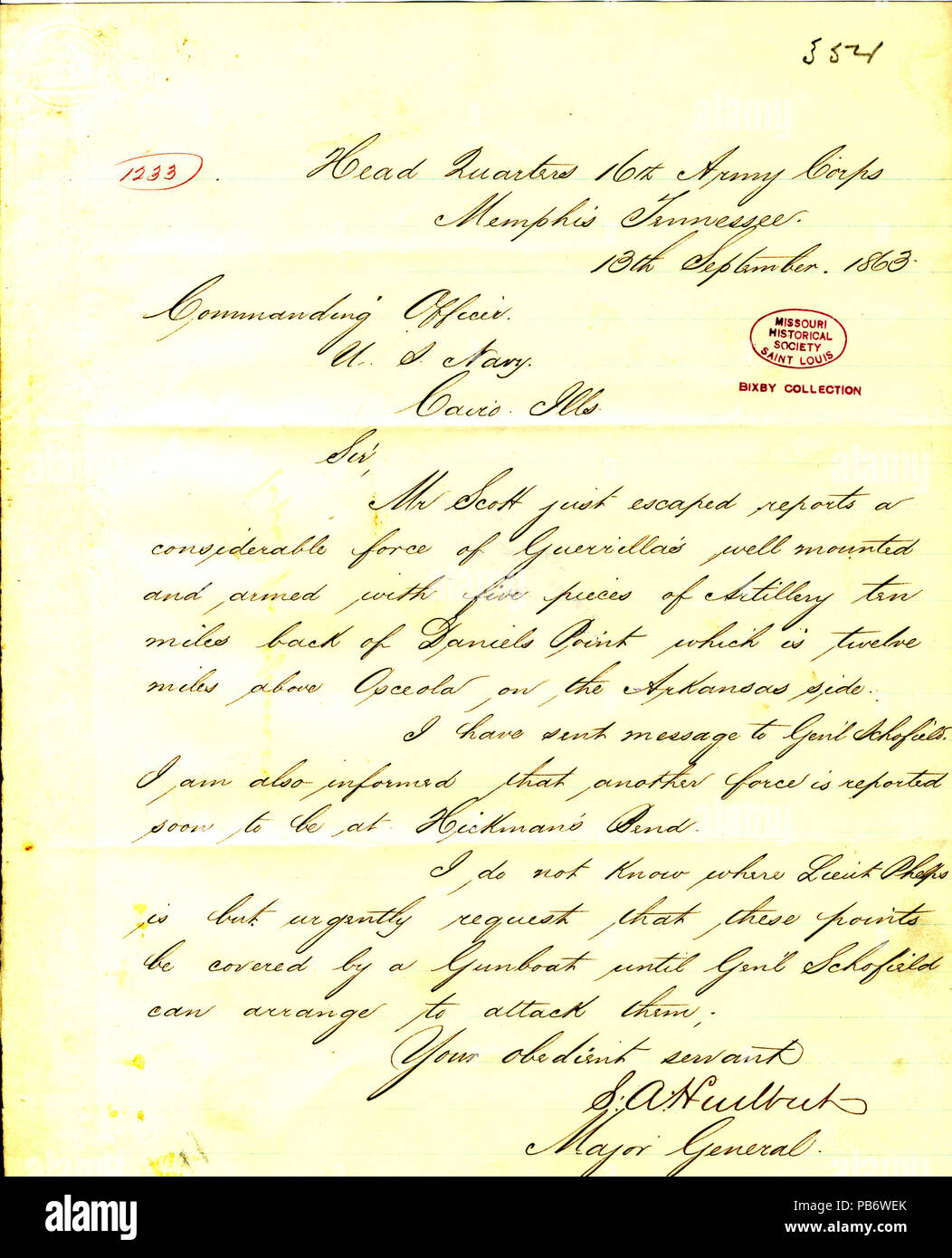 903 Lettera da S. A. Hurlbut, sede centrale, XVI Esercito, Memphis, Tennessee, al comandante, U. S. Marina, Il Cairo, Illinois, Settembre 13, 1863 Foto Stock