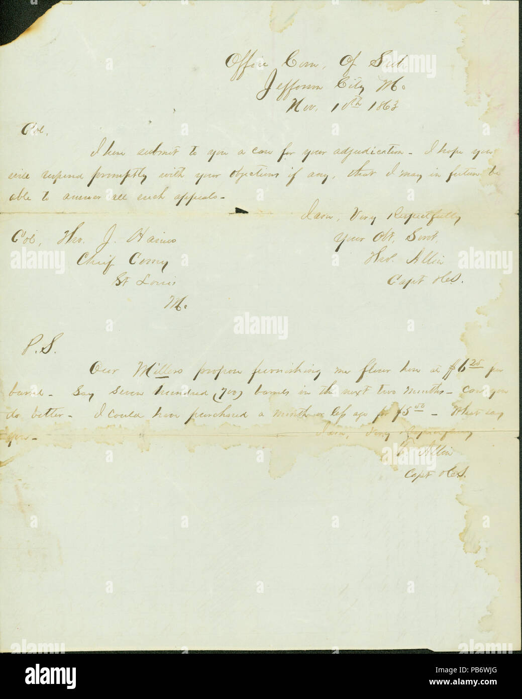 1119 Nota firmata Thomas Allin, Ufficio spaccio di sussistenza, Jefferson City, Mo., al colonnello Thomas J. Harris, St. Louis, Mo., Novembre 10, 1863 Foto Stock