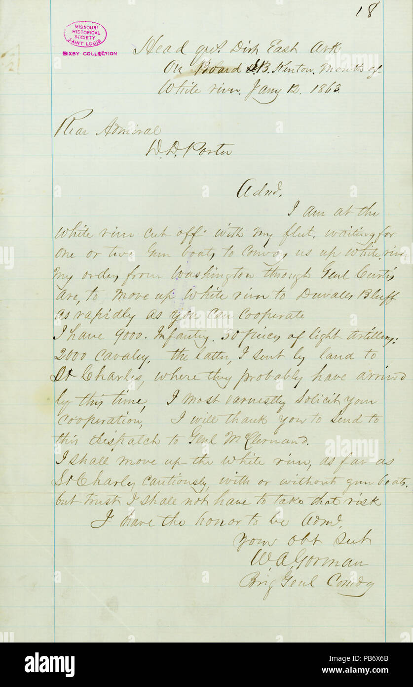 904 Lettera da W. A. Gorman, sede, Est Dist. Arkansas, a bordo del battello a vapore Kenton, la bocca del Fiume Bianco, (David D.) Porter, Gennaio 12, 1863 Foto Stock
